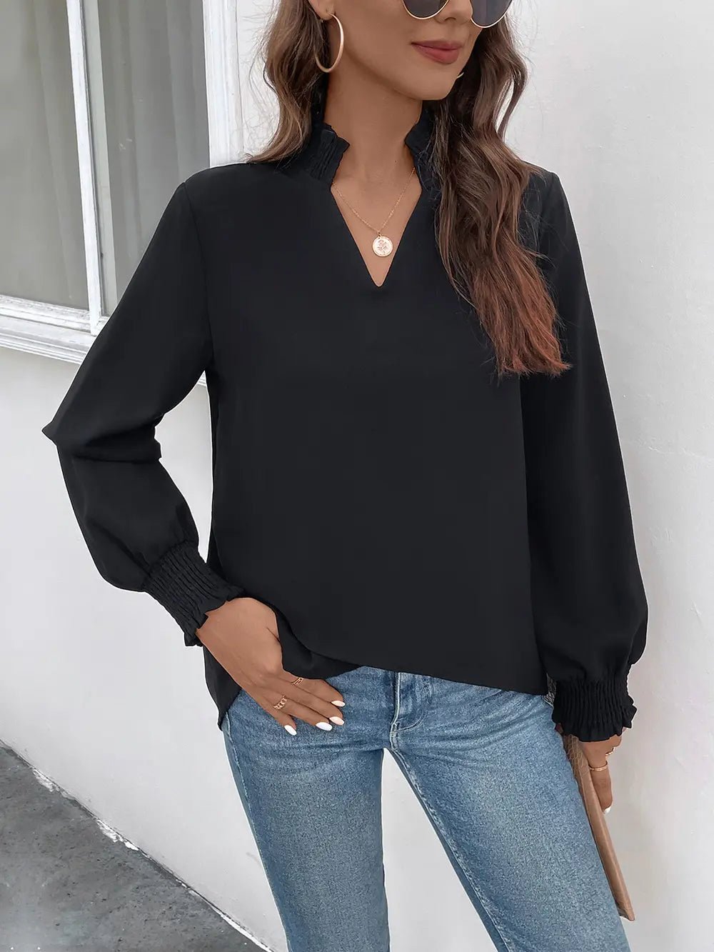 Perfee Smocked Notched Long Sleeve Blouse - Eco4life Clothing and Accessories