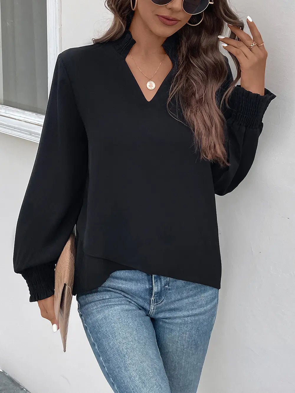 Perfee Smocked Notched Long Sleeve Blouse - Eco4life Clothing and Accessories