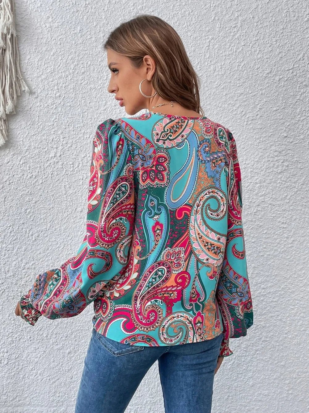 Printed Surplice Smocked Lantern Sleeve Blouse - Eco4life Clothing and Accessories
