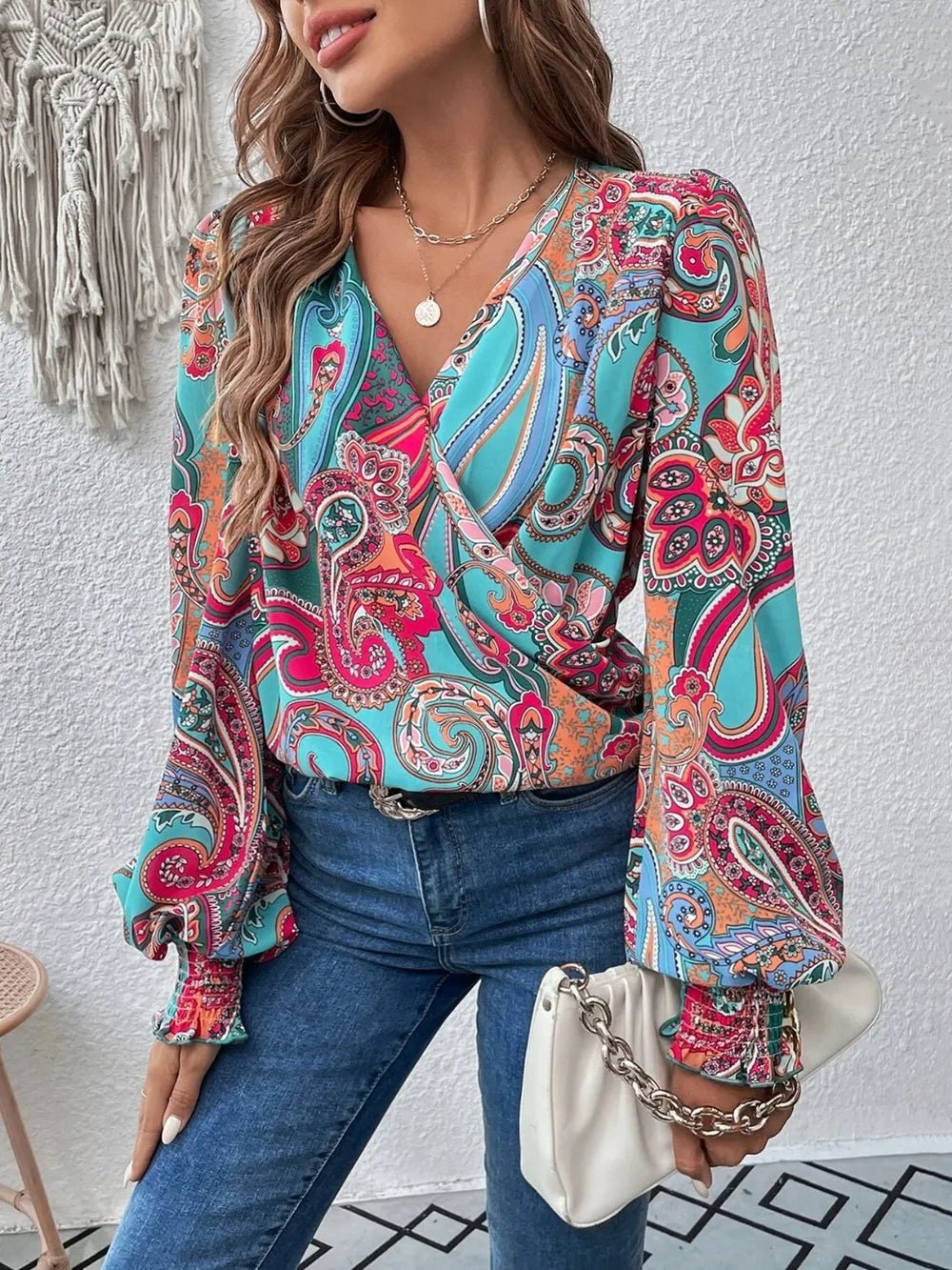 Printed Surplice Smocked Lantern Sleeve Blouse - Eco4life Clothing and Accessories