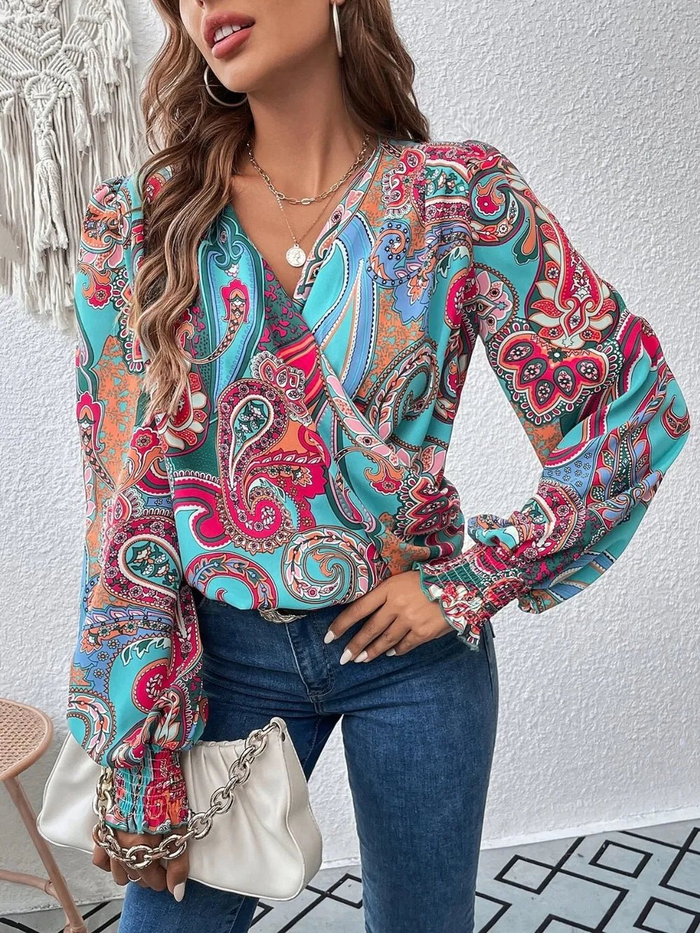 Printed Surplice Smocked Lantern Sleeve Blouse - Eco4life Clothing and Accessories