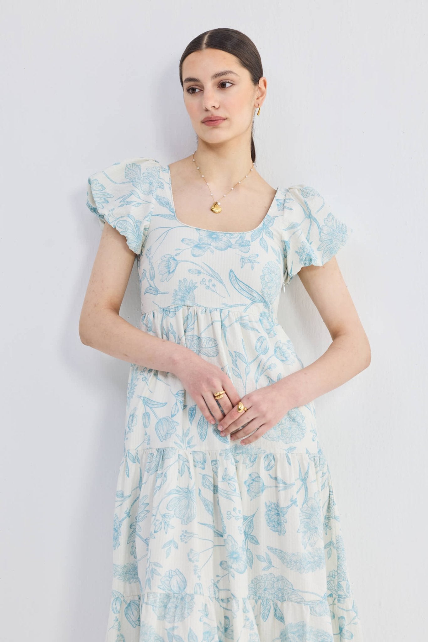Puff Sleeve Tiered Maxi Dress in Blue Florals - Eco4life Clothing and Accessories