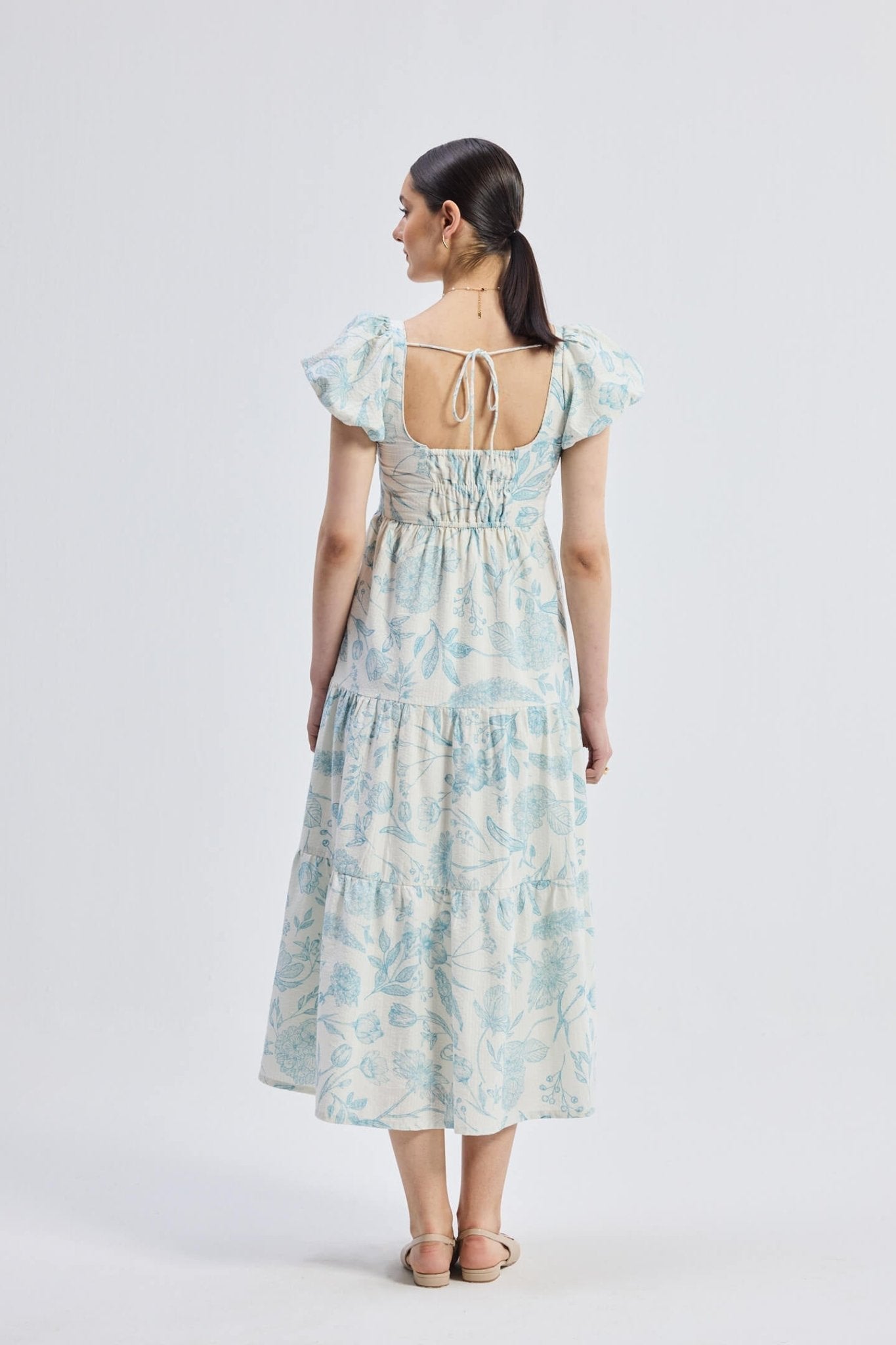 Puff Sleeve Tiered Maxi Dress in Blue Florals - Eco4life Clothing and Accessories