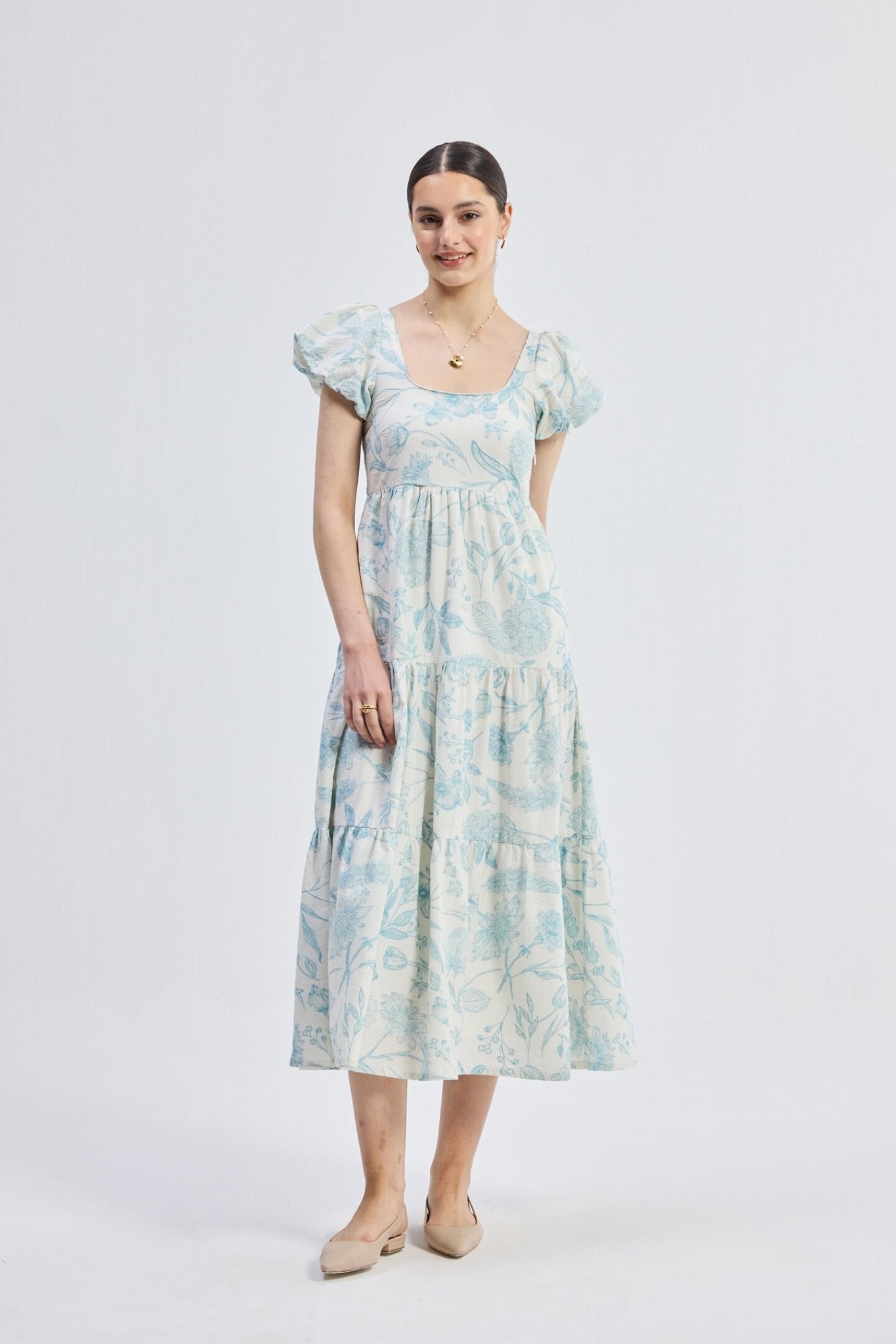 Puff Sleeve Tiered Maxi Dress in Blue Florals - Eco4life Clothing and Accessories