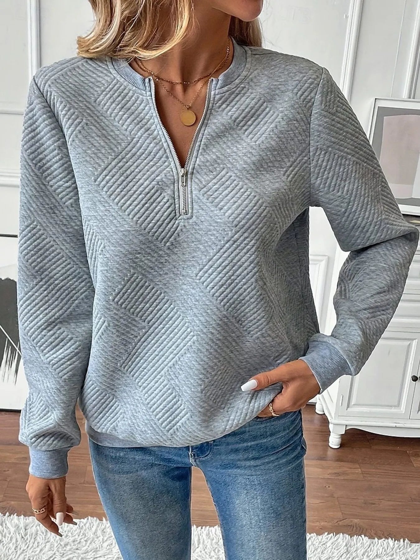 Quarter Zip Textured Long Sleeve Sweatshirt - Eco4life Clothing and Accessories
