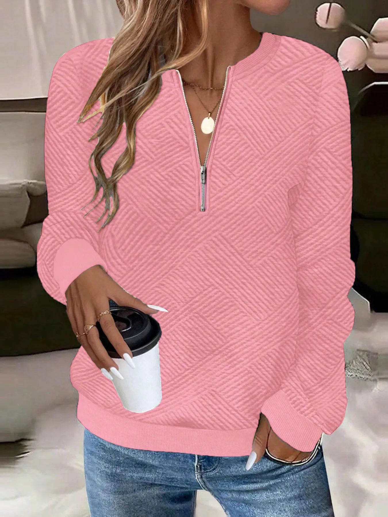 Quarter Zip Textured Long Sleeve Sweatshirt - Eco4life Clothing and Accessories