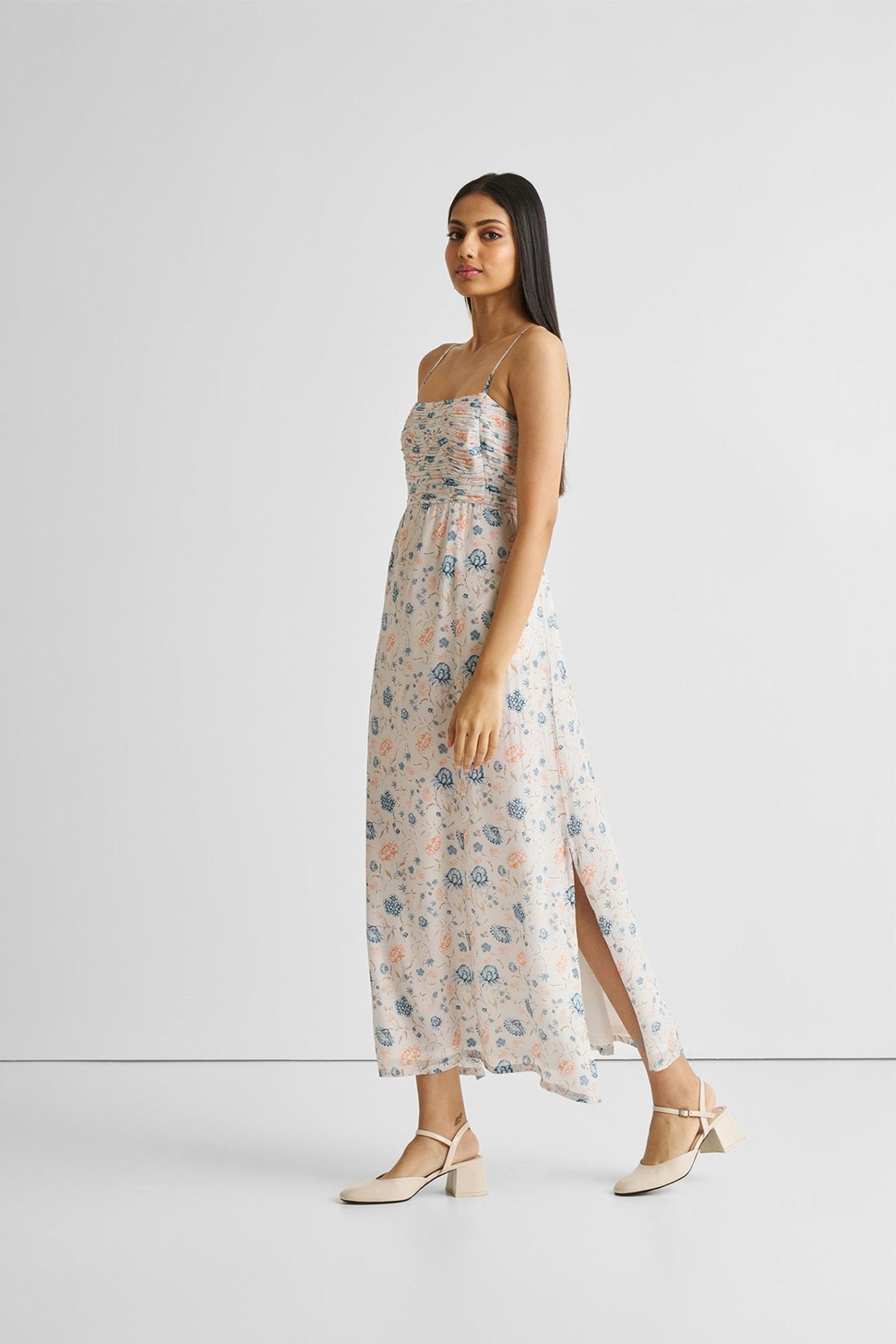Ruched Floral Strappy Maxi Dress - Eco4life Clothing and Accessories