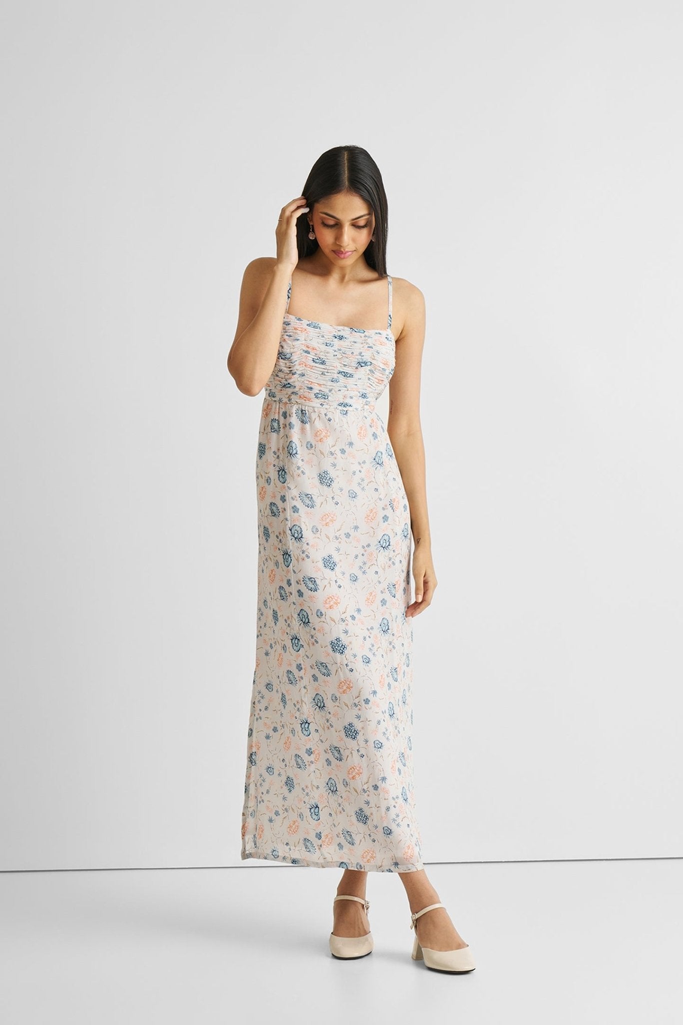 Ruched Floral Strappy Maxi Dress - Eco4life Clothing and Accessories