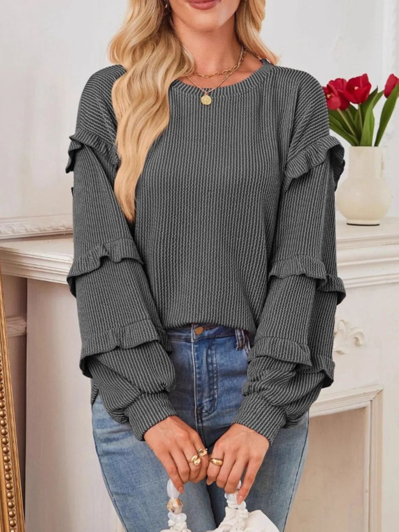 Ruffled Round Neck Long Sleeve Sweatshirt - Eco4life Clothing and Accessories