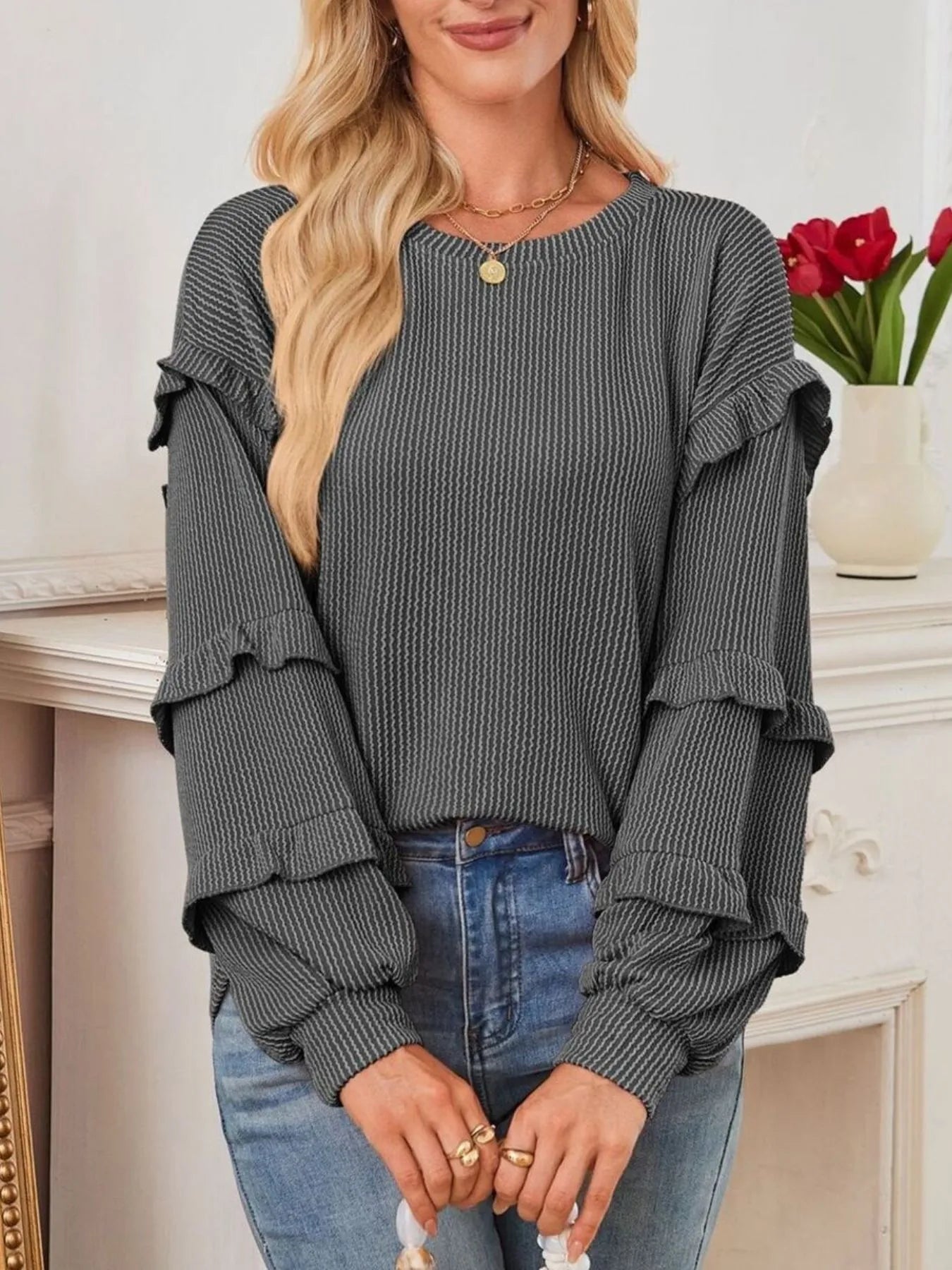 Ruffled Round Neck Long Sleeve Sweatshirt - Eco4life Clothing and Accessories
