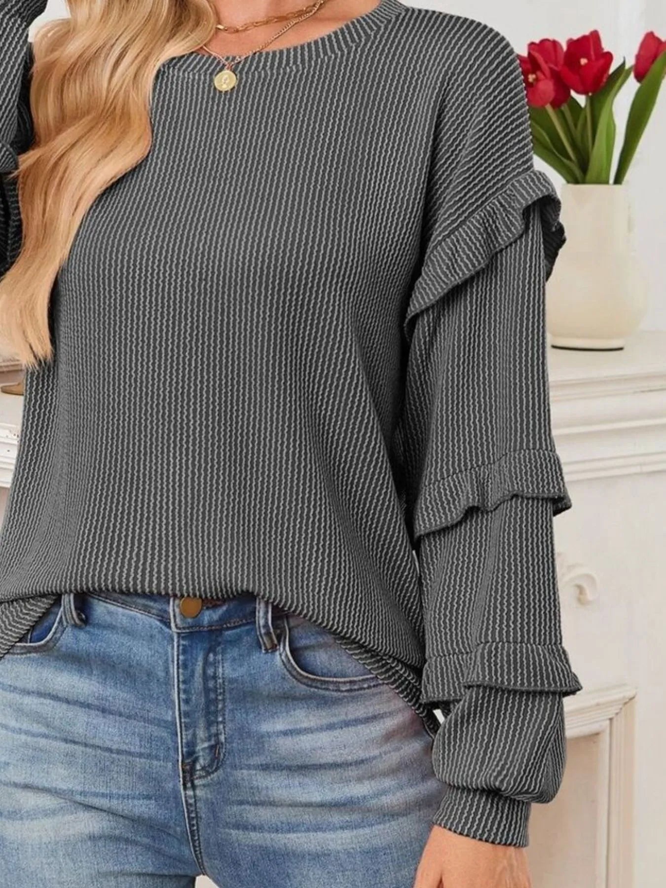 Ruffled Round Neck Long Sleeve Sweatshirt - Eco4life Clothing and Accessories