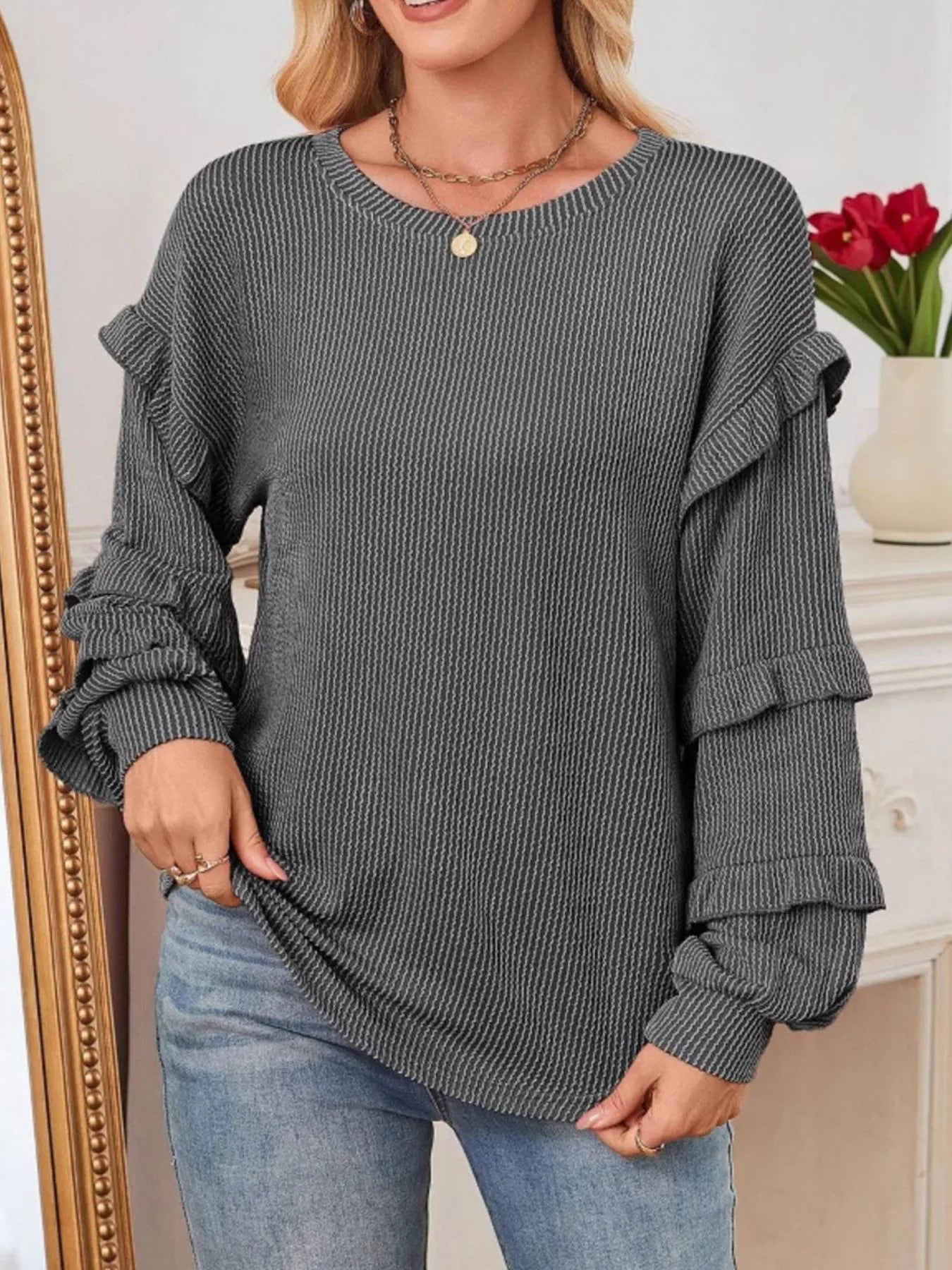 Ruffled Round Neck Long Sleeve Sweatshirt - Eco4life Clothing and Accessories