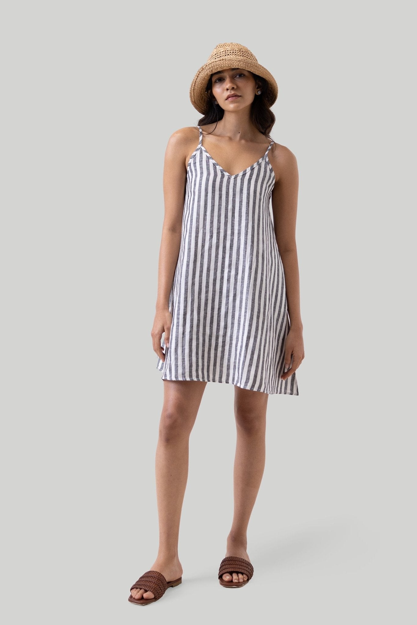 Short Tent Dress in Linen Stripes - Eco4life Clothing and Accessories