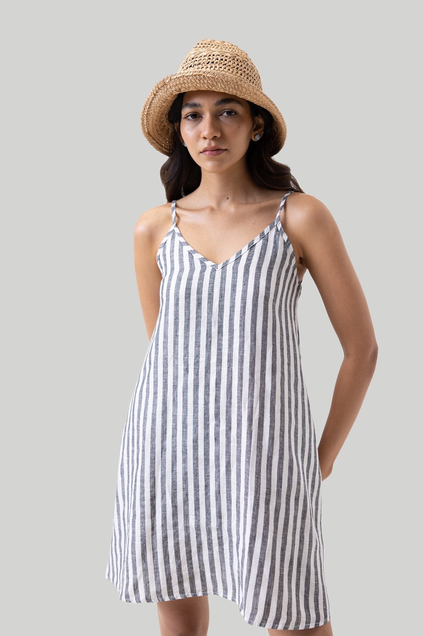 Short Tent Dress in Linen Stripes - Eco4life Clothing and Accessories