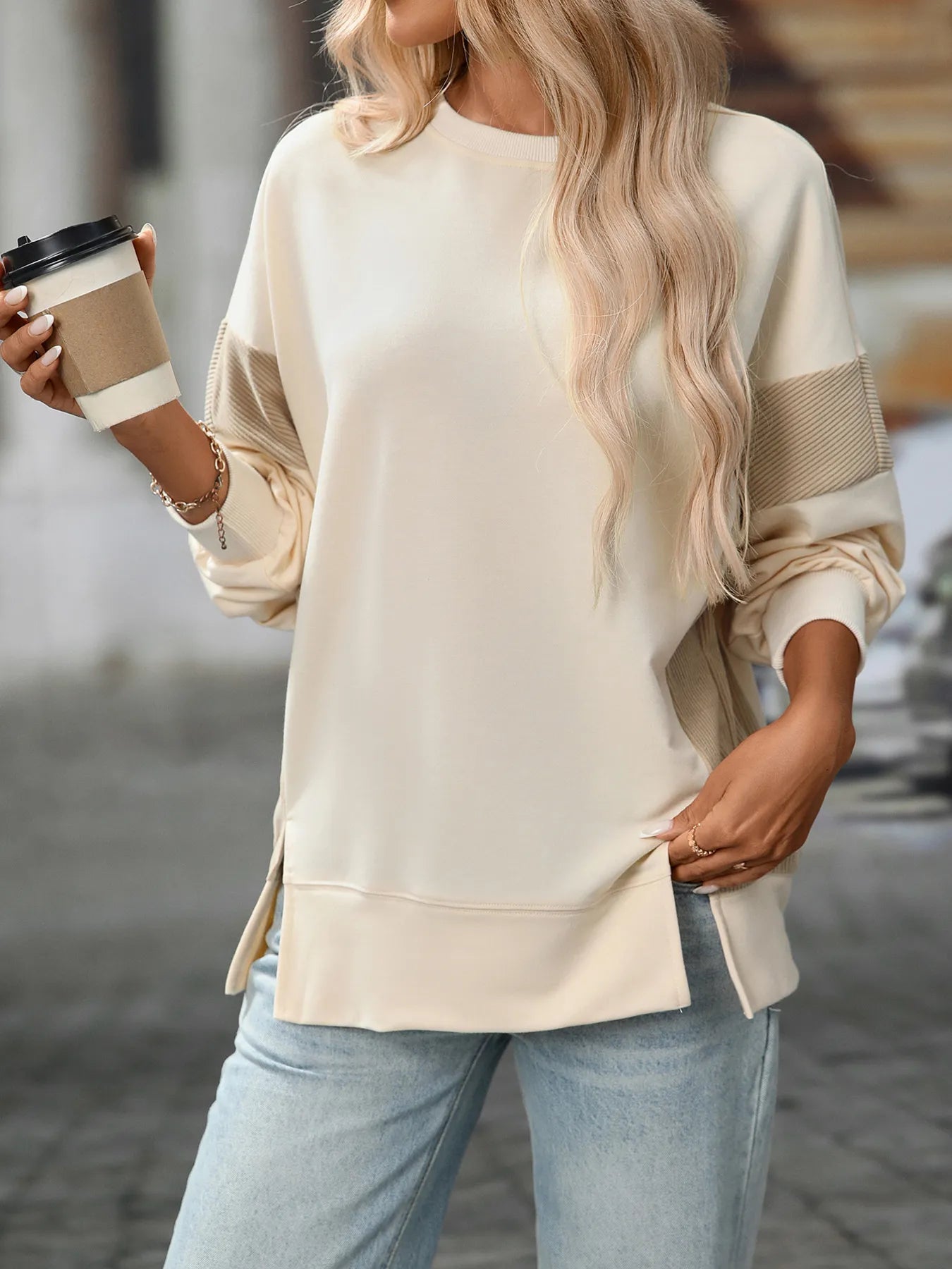 Slit Round Neck Long Sleeve Sweatshirt - Eco4life Clothing and Accessories