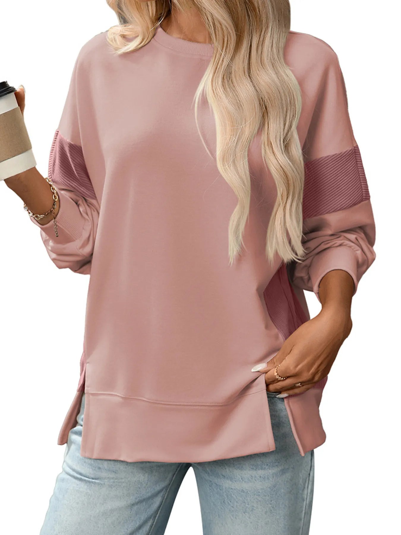 Slit Round Neck Long Sleeve Sweatshirt - Eco4life Clothing and Accessories