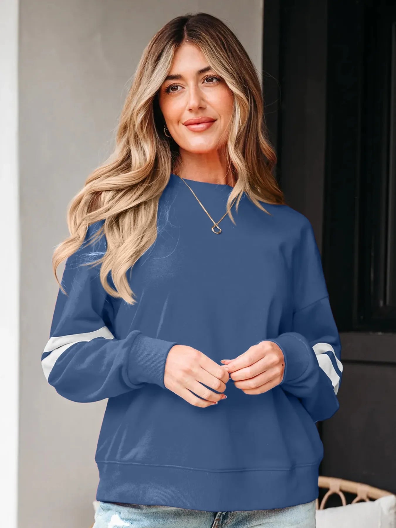 Stripe Round Neck Long Sleeve Sweatshirt - Eco4life Clothing and Accessories