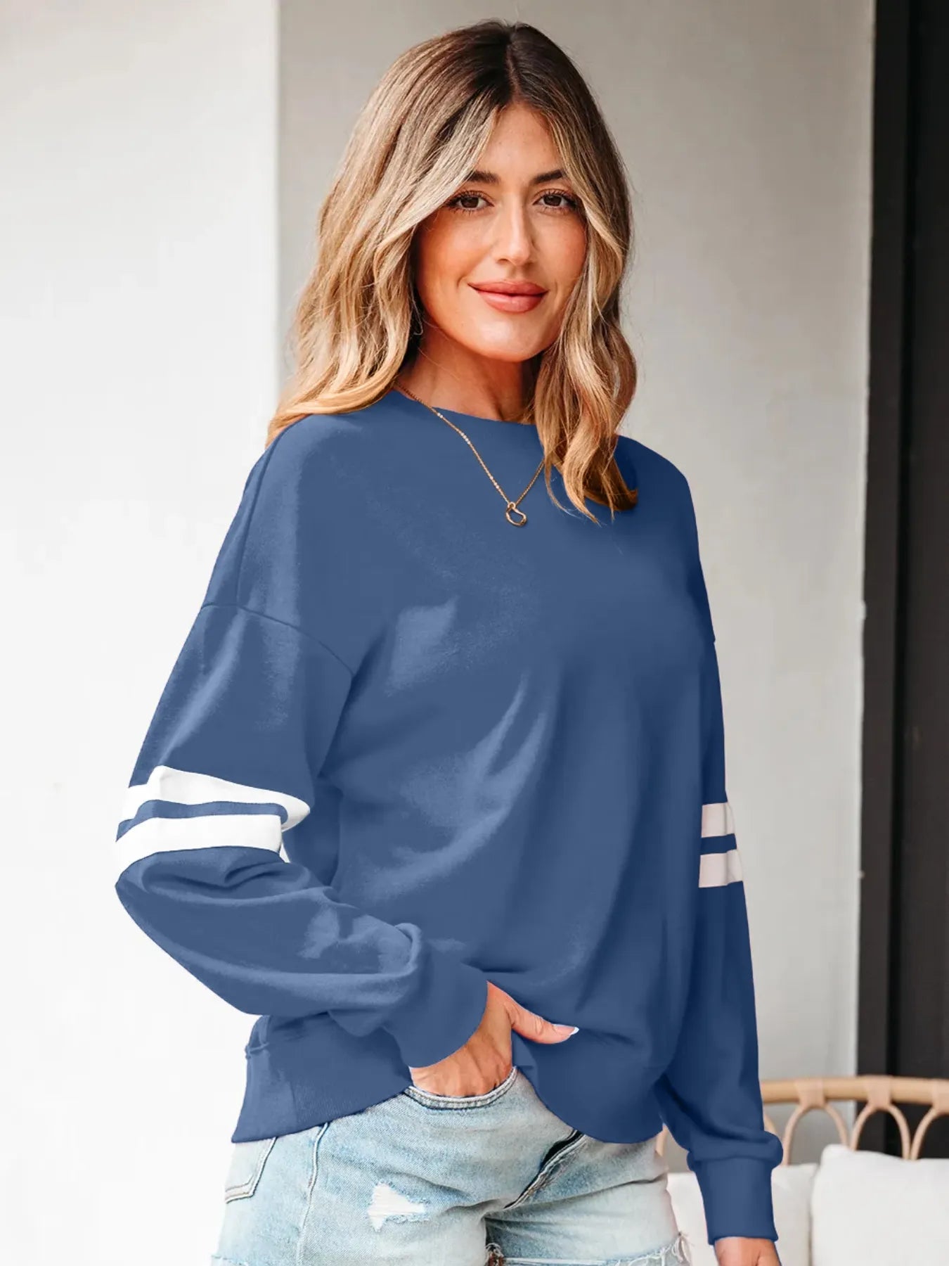 Stripe Round Neck Long Sleeve Sweatshirt - Eco4life Clothing and Accessories