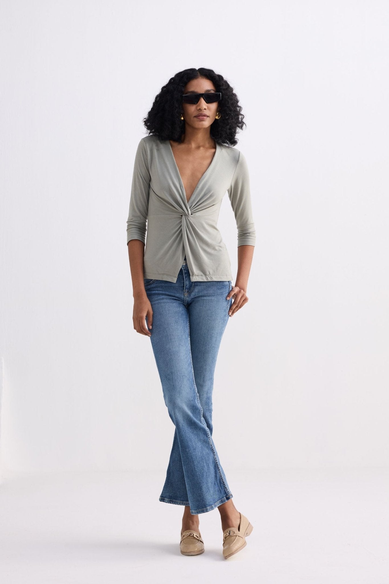 Twist Front Knit Shirt in Light Olive - Eco4life Clothing and Accessories