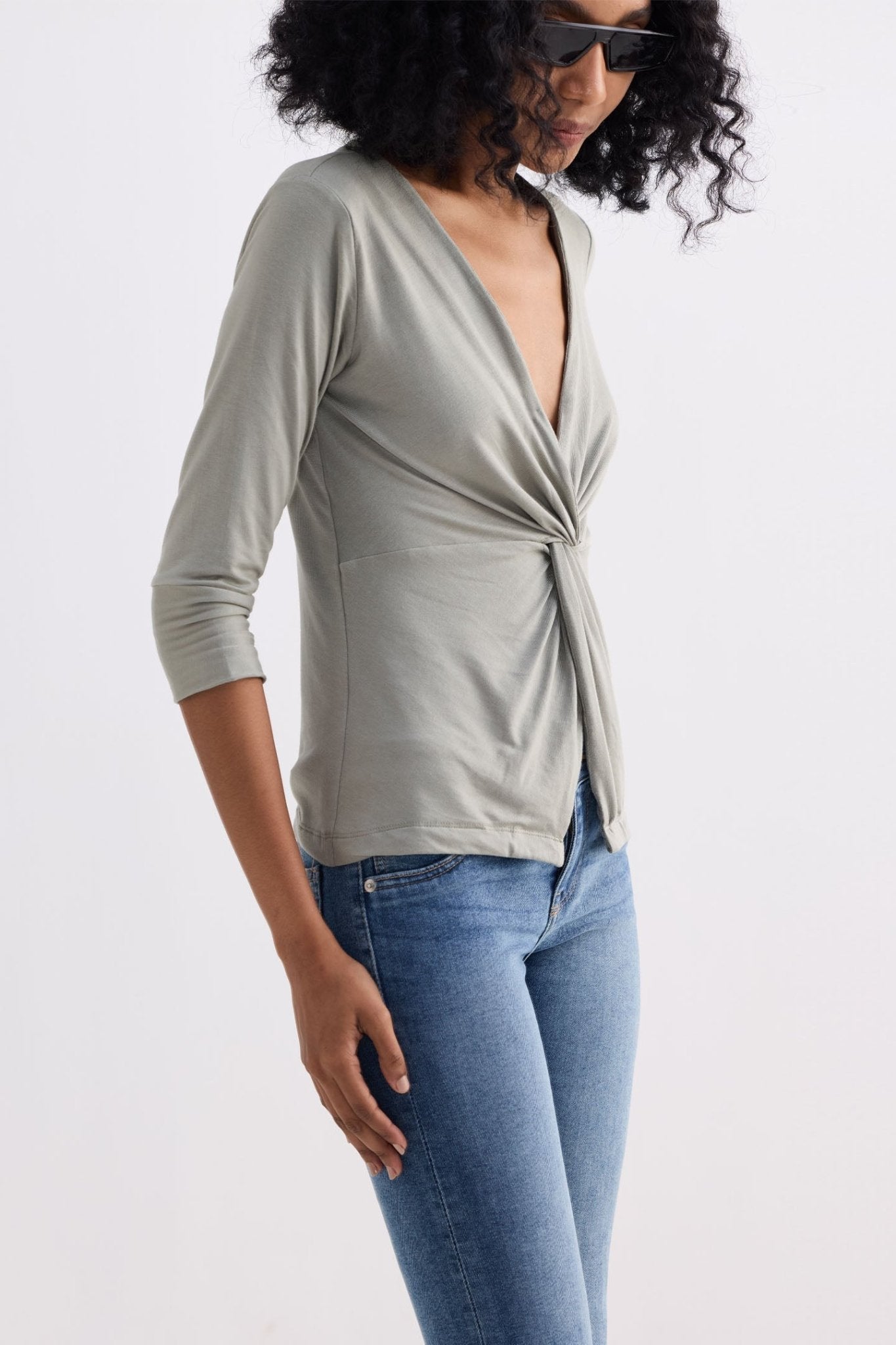Twist Front Knit Shirt in Light Olive - Eco4life Clothing and Accessories