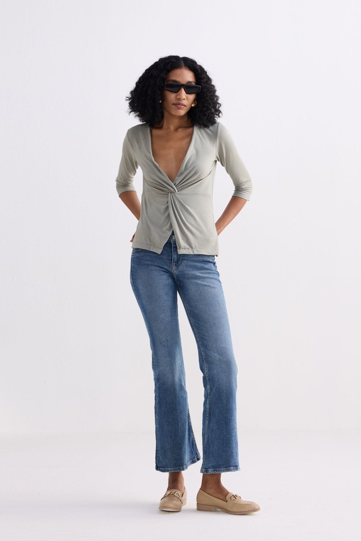 Twist Front Knit Shirt in Light Olive - Eco4life Clothing and Accessories