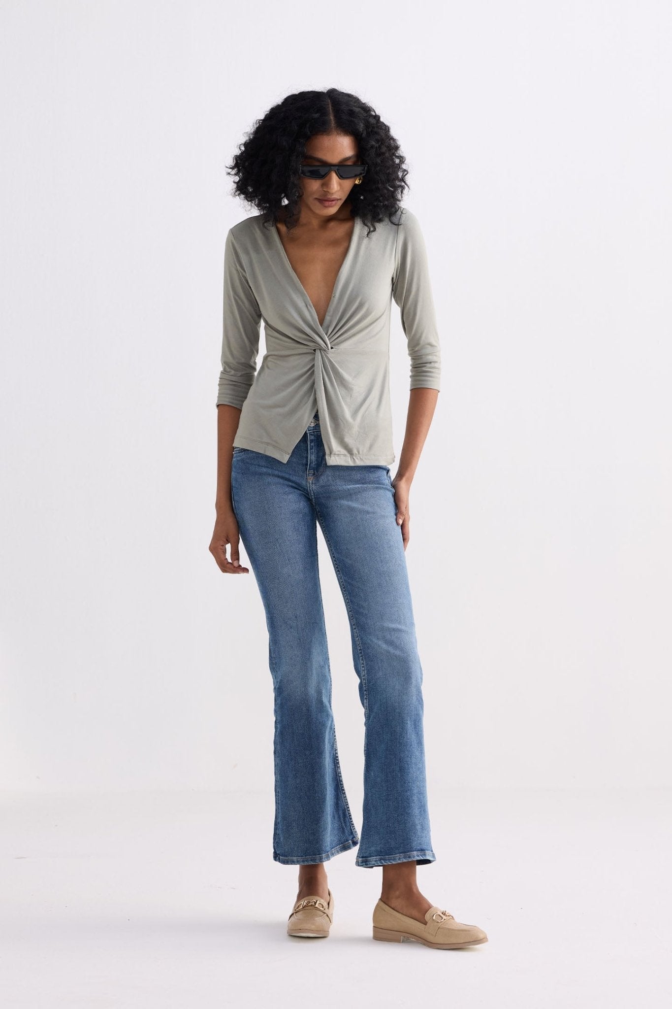 Twist Front Knit Shirt in Light Olive - Eco4life Clothing and Accessories
