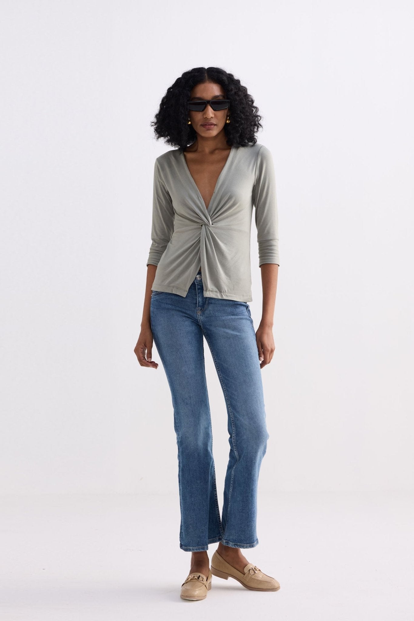 Twist Front Knit Shirt in Light Olive - Eco4life Clothing and Accessories