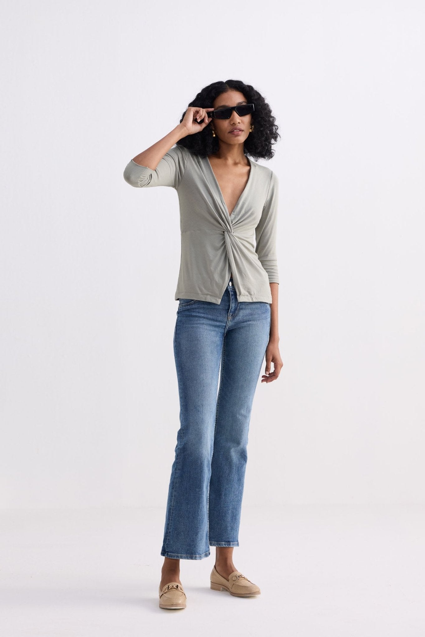 Twist Front Knit Shirt in Light Olive - Eco4life Clothing and Accessories