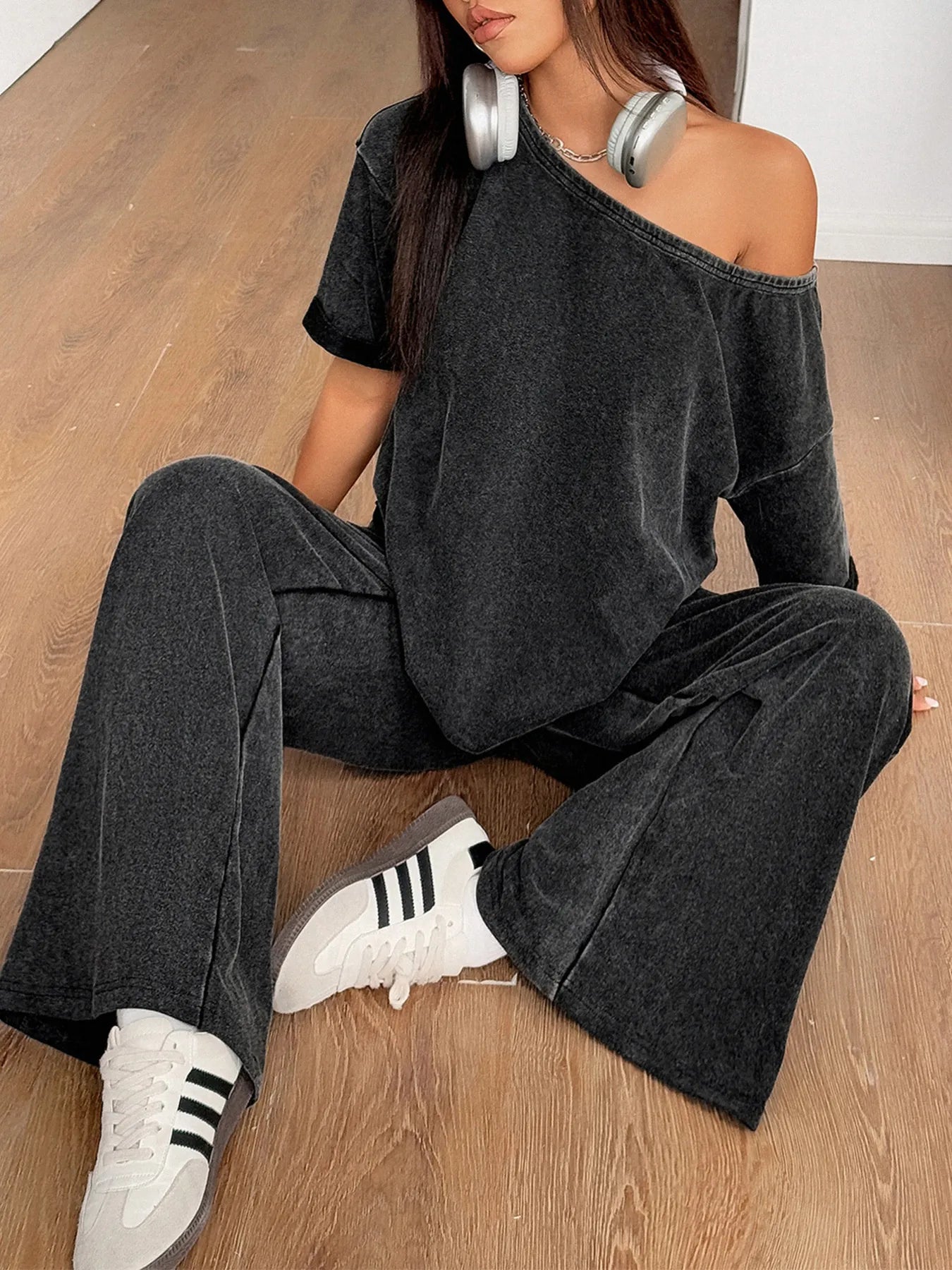 Washed Boat Neck T-Shirt and Pants Set - Eco4life Clothing and Accessories