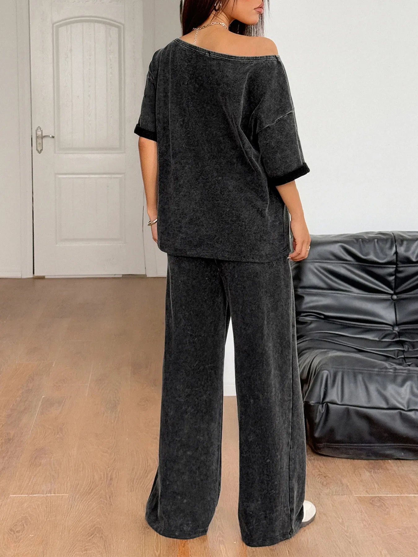 Washed Boat Neck T-Shirt and Pants Set - Eco4life Clothing and Accessories