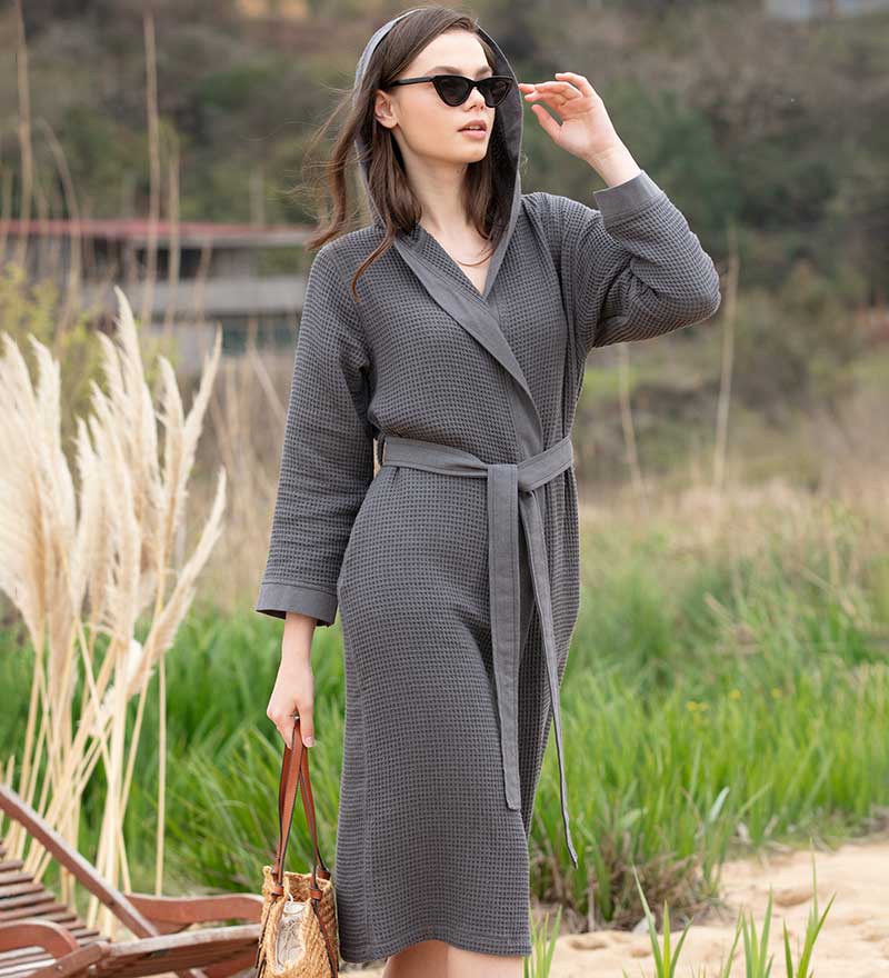 Women's Hooded Turkish Cotton Waffle Robe - Eco4life Clothing and Accessories
