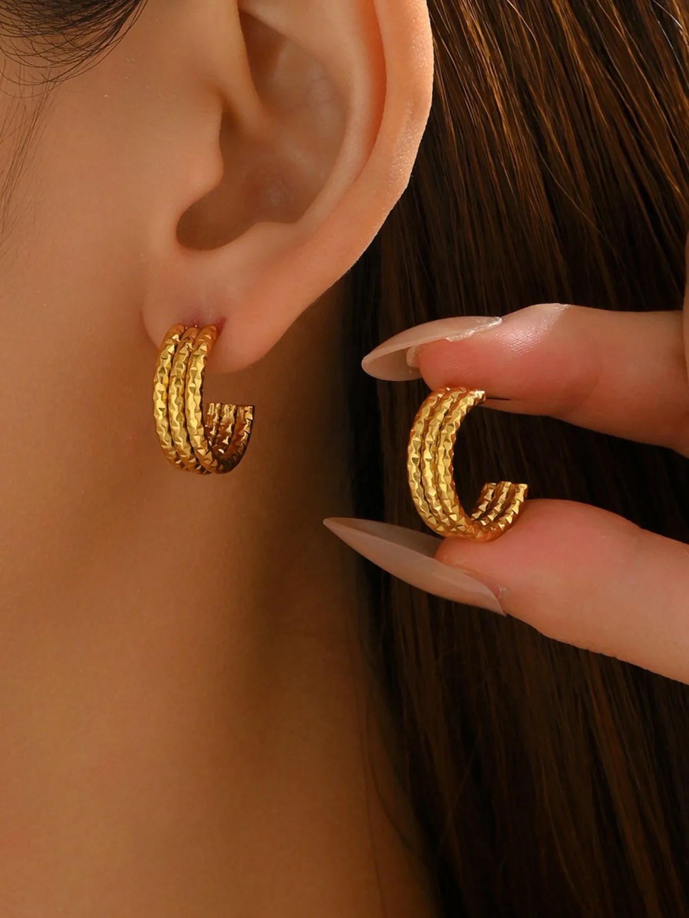 18K Gold - Plated Textured Triple Band Hoop Earrings - Eco4life Clothing and Accessories