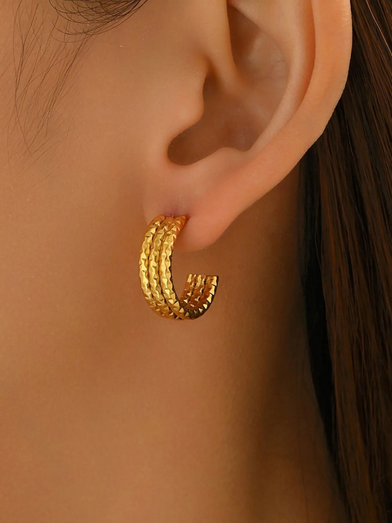 18K Gold - Plated Textured Triple Band Hoop Earrings - Eco4life Clothing and Accessories