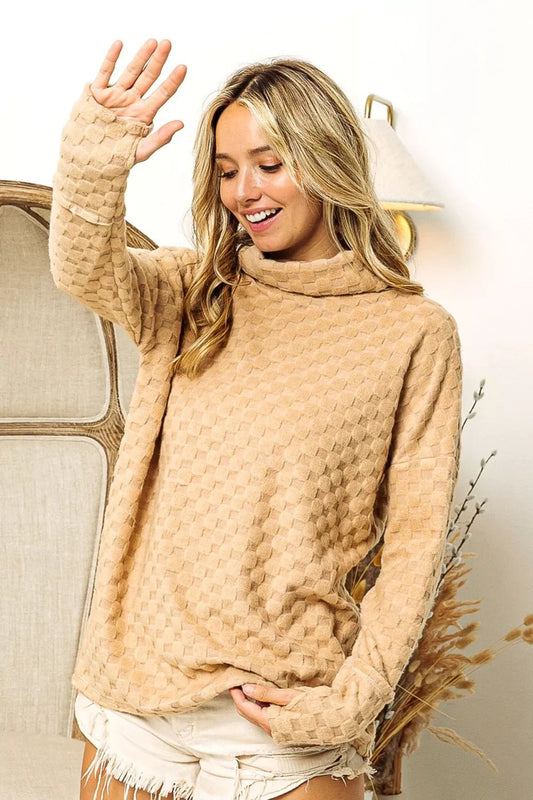 BiBi Checkered Round Neck Thumbhole Long Sleeve Top - Eco4life Clothing and Accessories