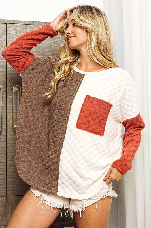 BiBi Color Block Brushed Checker Top - Eco4life Clothing and Accessories