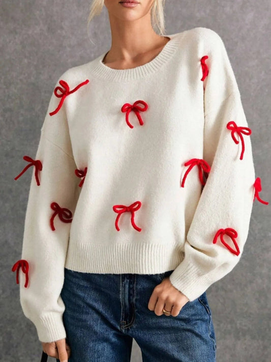 Bow Contrast Round Neck Long Sleeve Sweater - Eco4life Clothing and Accessories