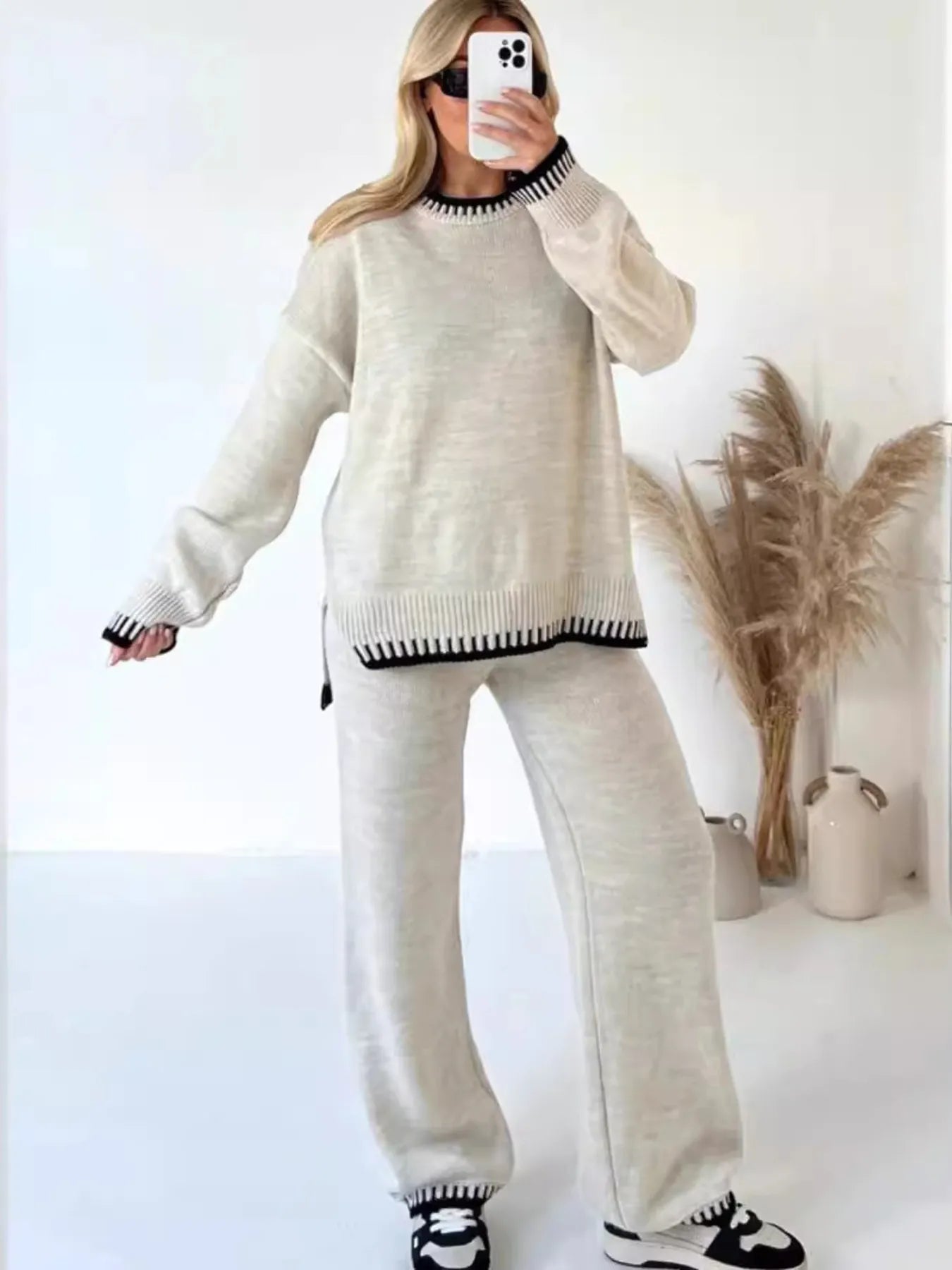 Contrast Trim Round Neck Top and Pants Sweater Set - Eco4life Clothing and Accessories