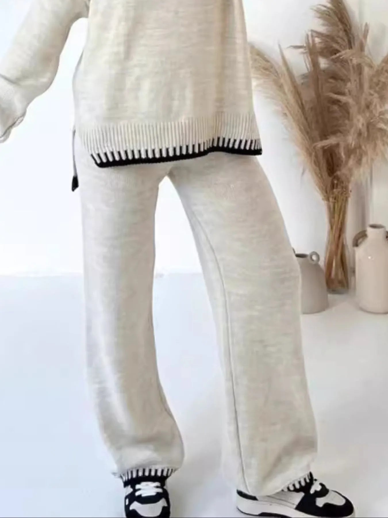 Contrast Trim Round Neck Top and Pants Sweater Set - Eco4life Clothing and Accessories