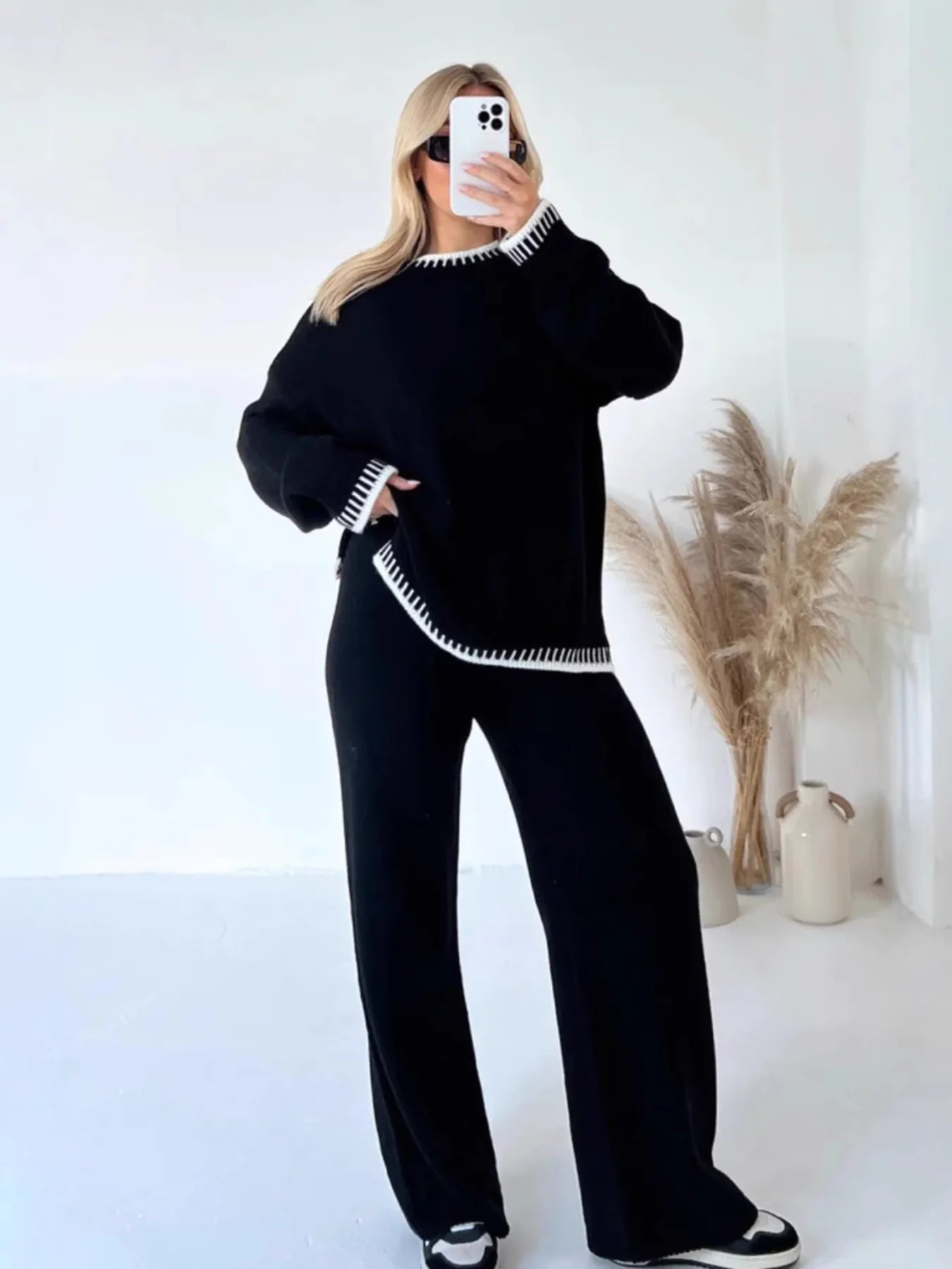 Contrast Trim Round Neck Top and Pants Sweater Set - Eco4life Clothing and Accessories