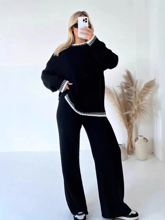 Contrast Trim Round Neck Top and Pants Sweater Set - Eco4life Clothing and Accessories