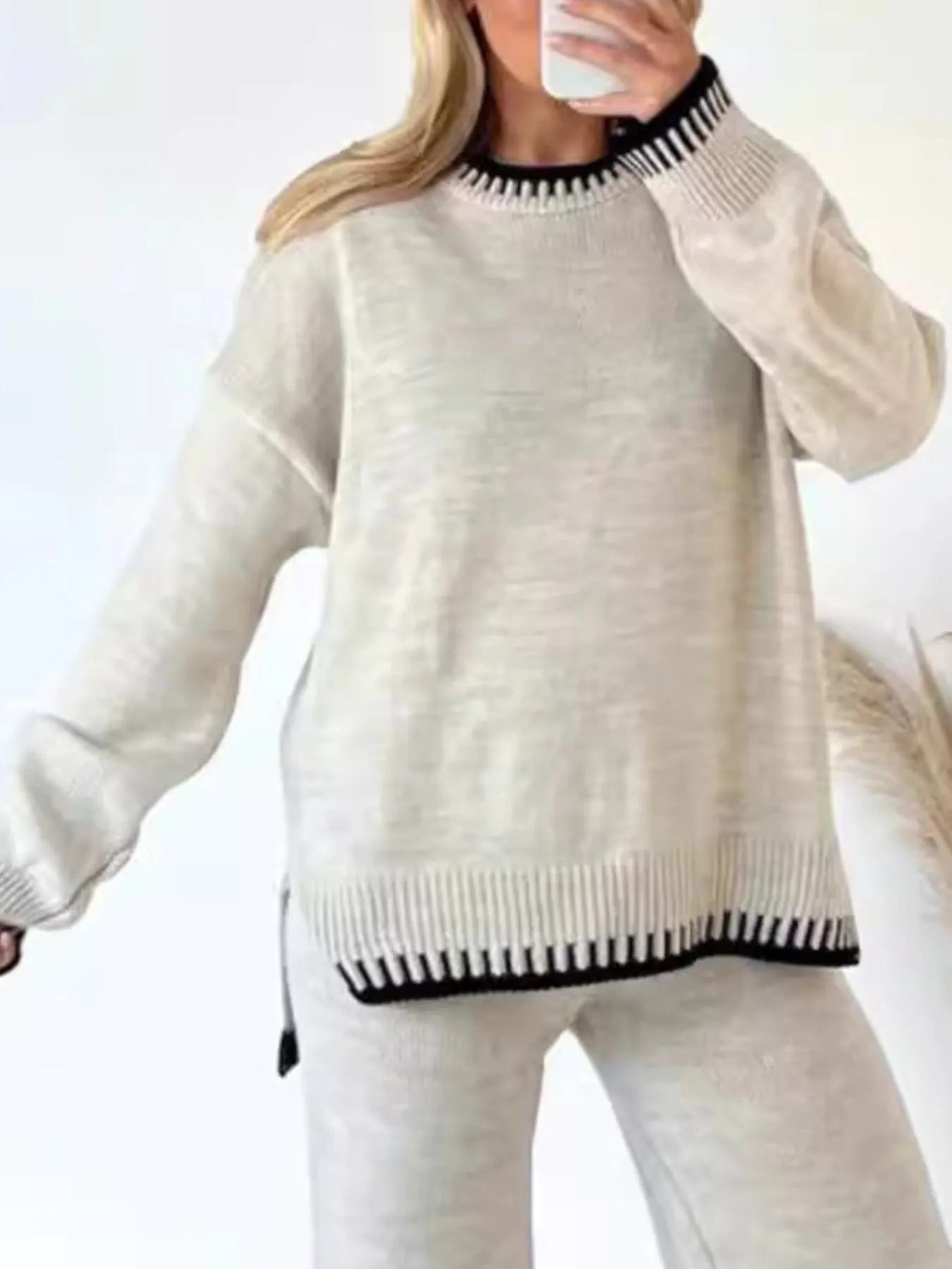 Contrast Trim Round Neck Top and Pants Sweater Set - Eco4life Clothing and Accessories