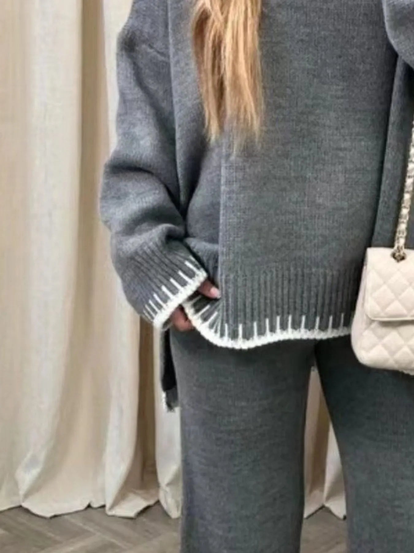 Contrast Trim Round Neck Top and Pants Sweater Set - Eco4life Clothing and Accessories