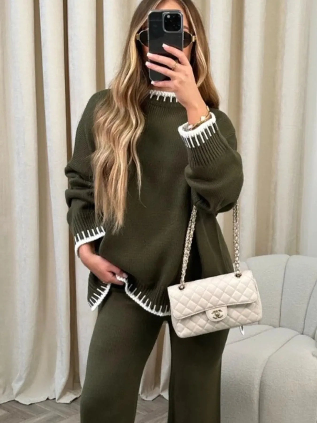Contrast Trim Round Neck Top and Pants Sweater Set - Eco4life Clothing and Accessories