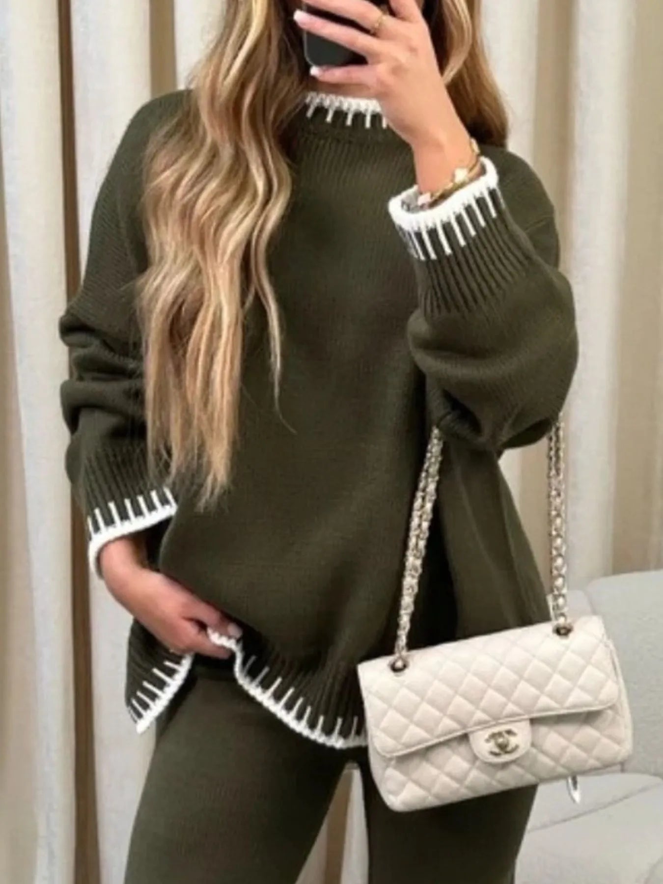 Contrast Trim Round Neck Top and Pants Sweater Set - Eco4life Clothing and Accessories