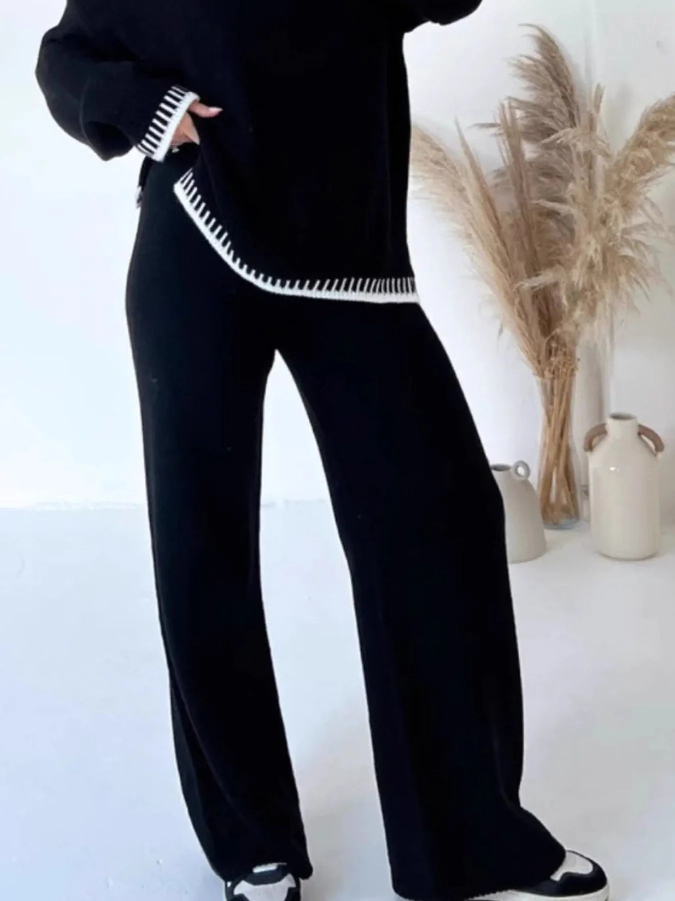 Contrast Trim Round Neck Top and Pants Sweater Set - Eco4life Clothing and Accessories