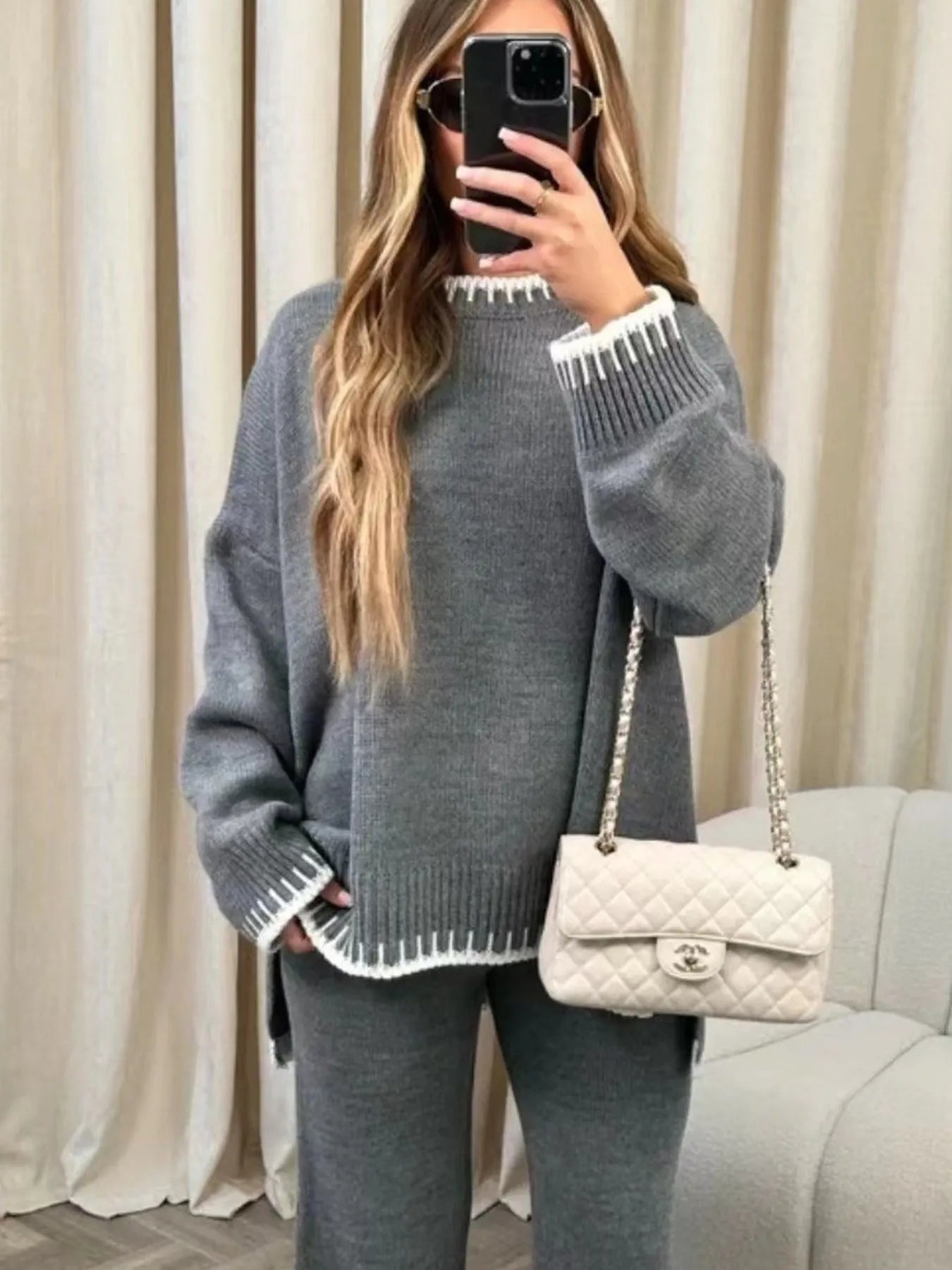 Contrast Trim Round Neck Top and Pants Sweater Set - Eco4life Clothing and Accessories