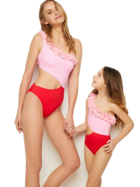 Cutout One Shoulder Contrast Parent - Child Swimwear - Eco4life Clothing and Accessories