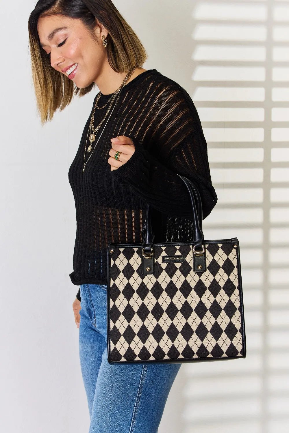 David Jones Argyle Pattern PU Leather Handbag - Eco4life Clothing and Accessories