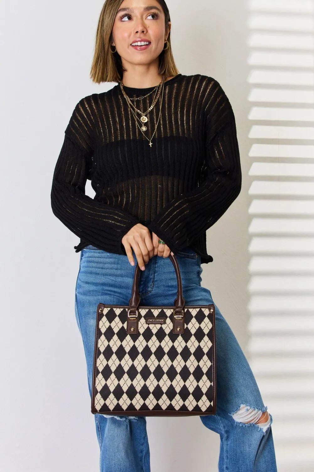 David Jones Argyle Pattern PU Leather Handbag - Eco4life Clothing and Accessories