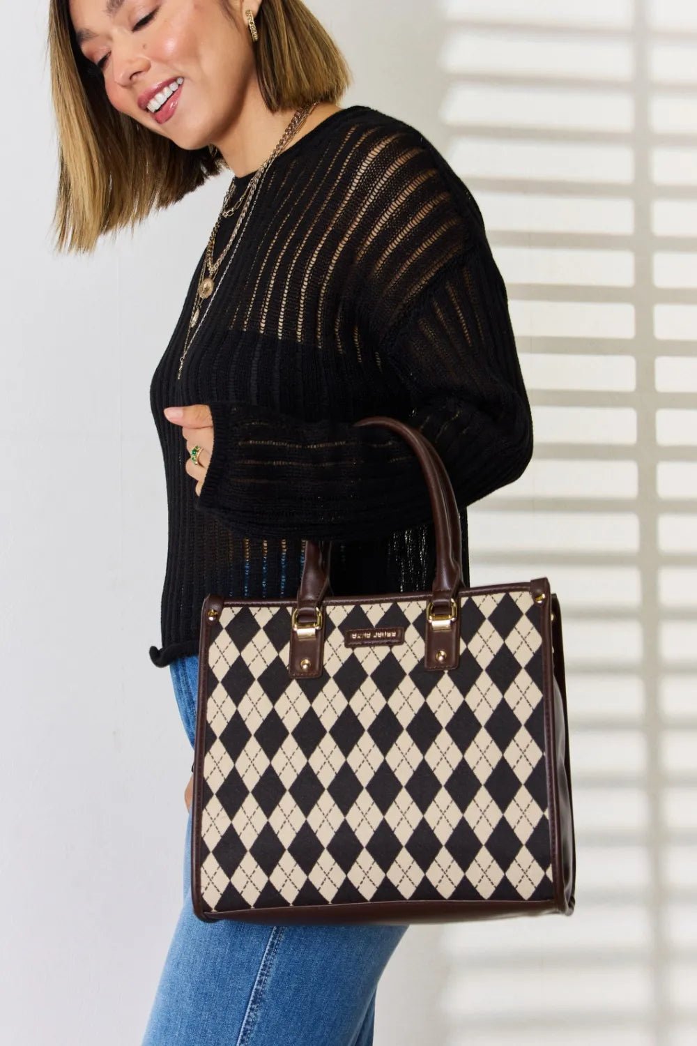 David Jones Argyle Pattern PU Leather Handbag - Eco4life Clothing and Accessories
